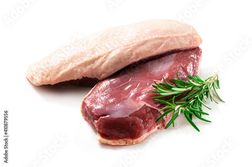 Raw duck breast pieces isolated on white background