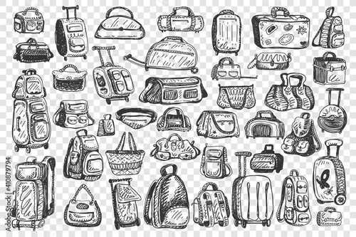 Bags doodle set. Collection of different handbags for travelling tourist baggage school backpacks isolated on transparent background. Travel suitcase luggage for trip journey illustration.