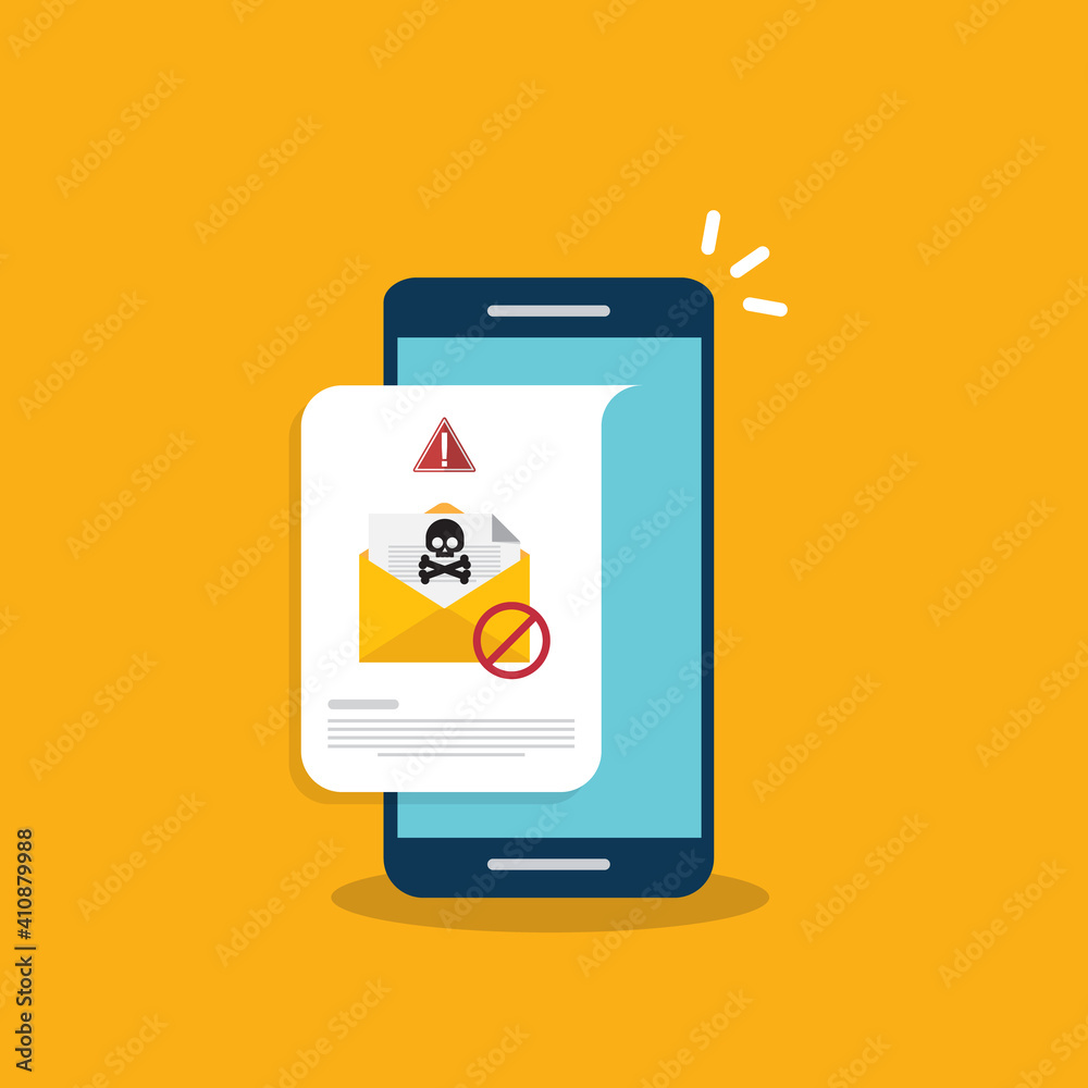 Email / envelope with black document and skull icon notification on a smart phone. Virus, malware, email fraud, e-mail spam, phishing scam, hacker attack concept Email / envelope with black document and skull icon notification on a smart phone. Virus, malware, email fraud, e-mail spam, phishing scam, hacker attack concept