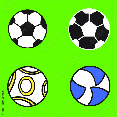 Set off soccer ball illustration in flat design. Classics soccer ball, soccer ball with triangle pattern, soccer ball with circle pattern. Isolated on green background