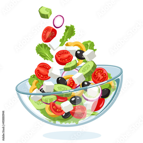 Fresh Greek salad with slices of feta cheese, tomatoes, olives, flying in the air to a glass bowl on a white background. Mediterranean diet. Horiatiki photo
