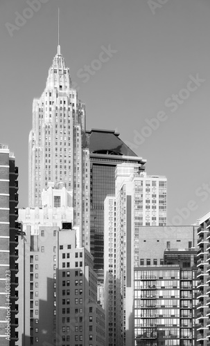 Black and white picture of New York City diverse architecture  USA.