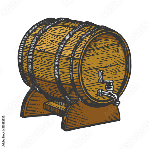 Wine beer wooden barrel color sketch engraving vector illustration. Scratch board style imitation. Black and white hand drawn image.