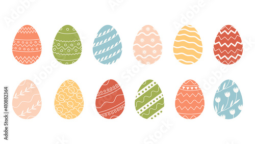 Bundle of decorated Easter eggs isolated on white background. Collection of colored symbols for religious spring holiday with various ornaments. Seasonal set for Paschal. Flat illustration.