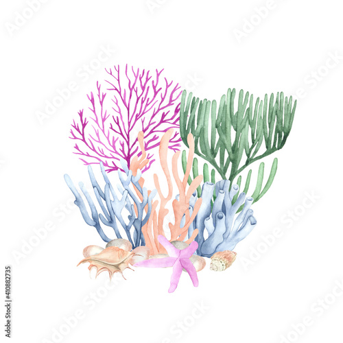 Watercolor colorful corals. Perfect for printing, web, textile design, various souvenirs and other creative ideas.