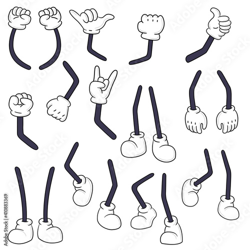 Comical hands and legs collection. Funny cartoon arms in gloves and feet in shoes performing various gestures and actions. Vector illustration for body language, comics, artwork photo