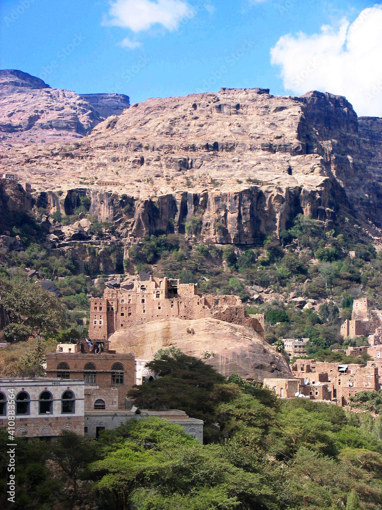Village perched on rock in Yemen