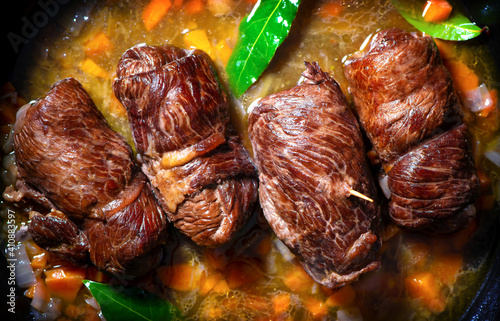 Traditional german meal of beef roulades in roast pot
