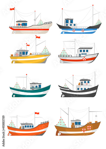 Collection of fishing boats vector illustrations. Fisherman trawlers, ships with cranes lifting nets isolated on white. For food and seafood industry, marine job, transportation concept