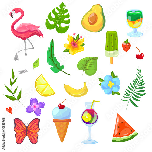 Summer holiday elements set. Tropical cocktail, flamingo, Hawaiian flower, fruits, ice cream, watermelon isolated on white. Vector illustration for vacation on Caribbean island, Bali paradise concept