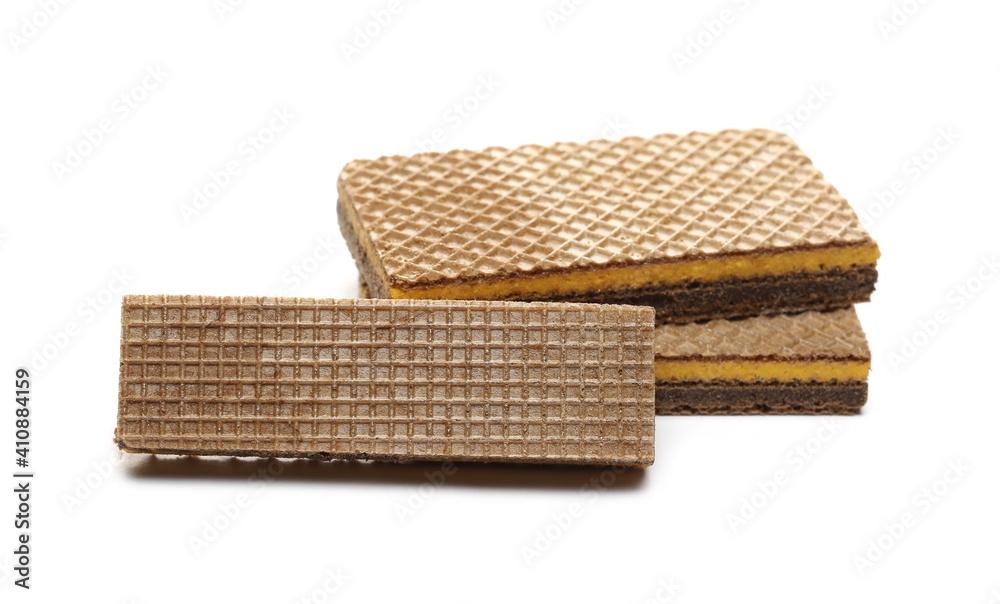 Wafer bars filled with cocoa and orange cream isolated on white background Wafer bars filled with cocoa and orange cream isolated on white background