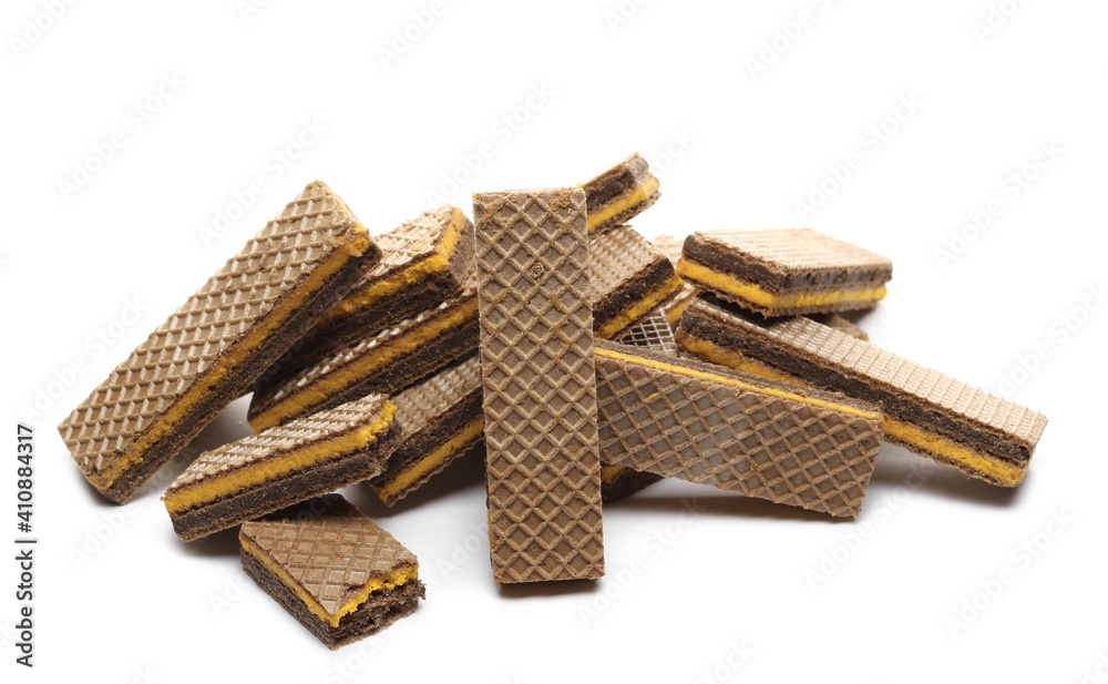 Wafer bars filled with cocoa and orange cream isolated on white background Wafer bars filled with cocoa and orange cream isolated on white background