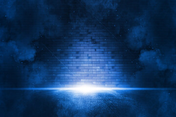 Rays searchlight light blue neon . Dark empty scene with  smoke. Reflections on wet asphalt.  
