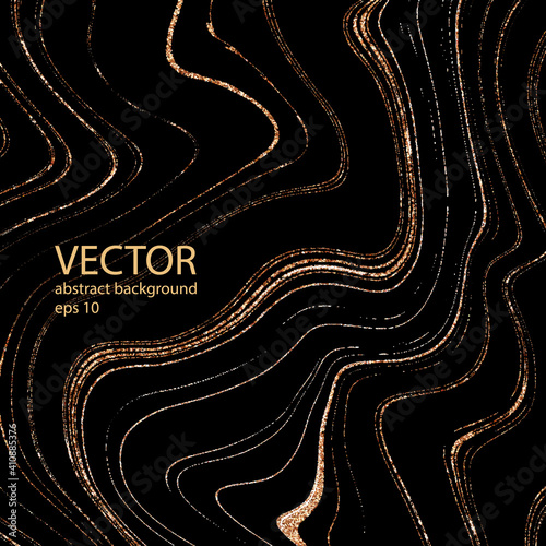 Gold lines painting isolated on black background. Luxury minimalism wallpaper fluid art hand drawn by brush. Abstract texture of marble, stone with gold veins in alcohol ink technique.