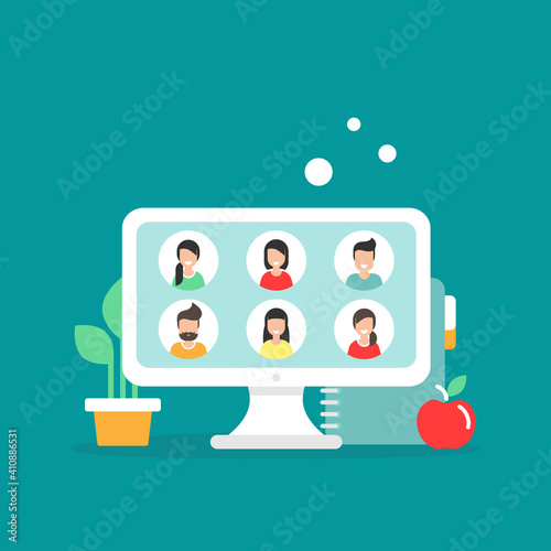 Webinar, online class, remote team work concept. Learn and study via teleconference or video course.