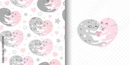 Heart shaped cute seamless pattern with cats in love.