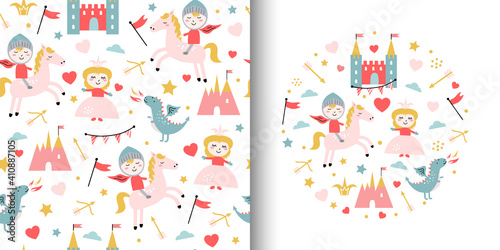 Cute seamless pattern with enamored knight and princess