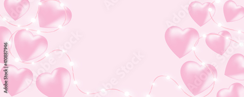 Happy Valentine's Day banner with shining lights garland, light bulbs, hearts on pink background. Valentine's Day card.