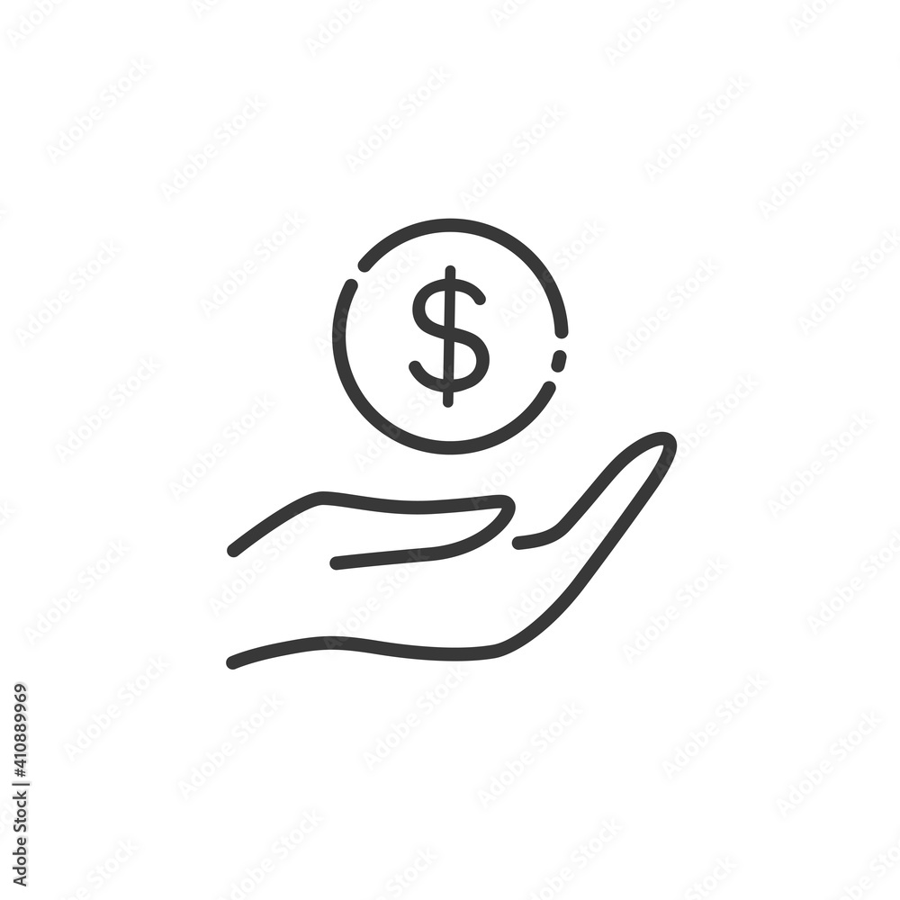 Hand hold dollar coin thin line icon. Cash money concept. Outline commerce vector illustration Hand hold dollar coin thin line icon. Cash money concept. Outline commerce vector illustration