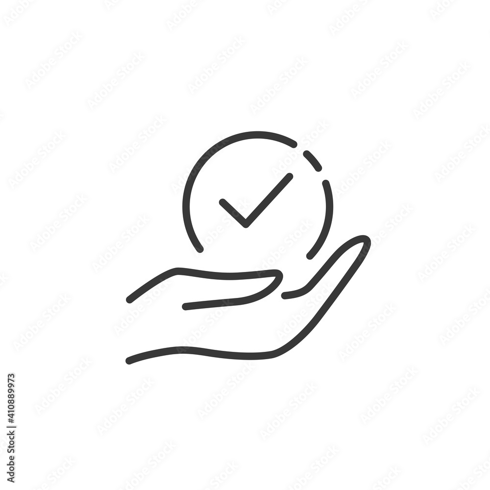 Hand hold check mark thin line icon. Outline commerce vector illustration Hand hold check mark thin line icon. Outline commerce vector illustration