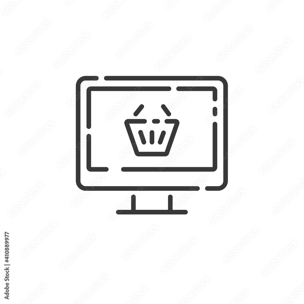 Online store thin line icon. Computer screen and shopping basket. Outline commerce vector illustration Online store thin line icon. Computer screen and shopping basket. Outline commerce vector illustration
