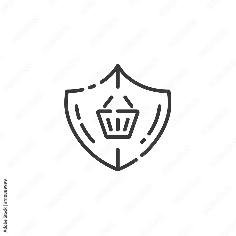 Secure purchase thin line icon. Security shield and shopping basket. Outline commerce vector illustration Secure purchase thin line icon. Security shield and shopping basket. Outline commerce vector illustration