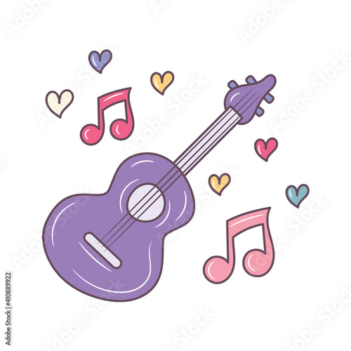 Guitar with musical note colored vector illustration, isolated linear style pictogram 