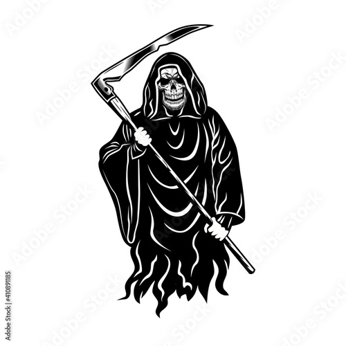 Death holding scythe emblem design. Monochrome element with skeleton wearing black hooded gown vector illustration. Horror and myth concept for symbols and labels templates