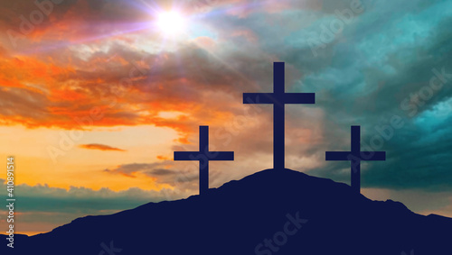 Fotografering crucifixion, religion and christianity concept - silhouettes of three crosses on