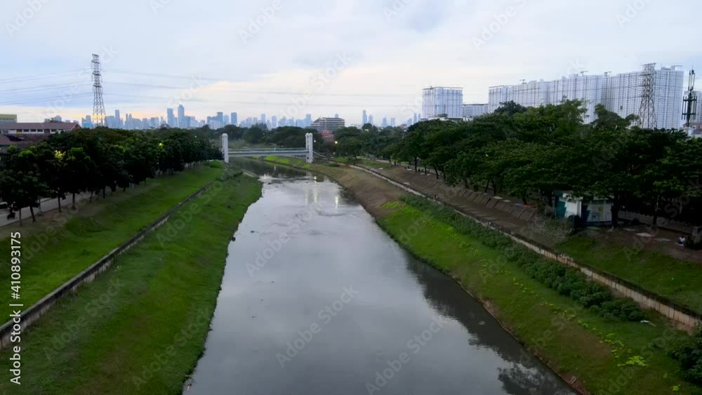 Aerial view downtown buildings from suburb water canal Aerial view downtown buildings from suburb water canal
