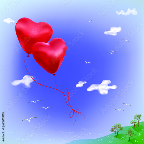 A pair of red heart-shaped balloons are tied with strings and fly across the sky over the receding land and sea. Clouds float across the sky and birds fly. Romantic background with hearts.