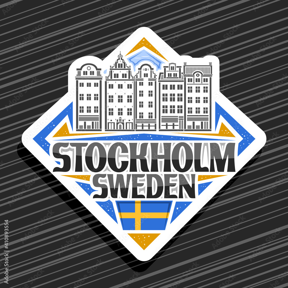 Vector logo for Stockholm, white rhombus road sign with line illustration of stockholm city scape on day sky background, decorative fridge magnet with unique letters for black words stockholm, sweden.