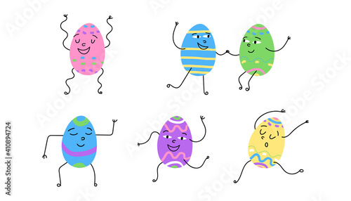 Easter characters set. Decorated eggs dancing in various poses on their own or in a couple and holding hands, do the pa 