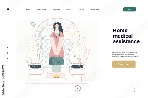 Medical insurance template -home medical assistance -modern flat vector concept digital illustration -nurse standing at the private residence entrance door Home medical service, part of insurance plan