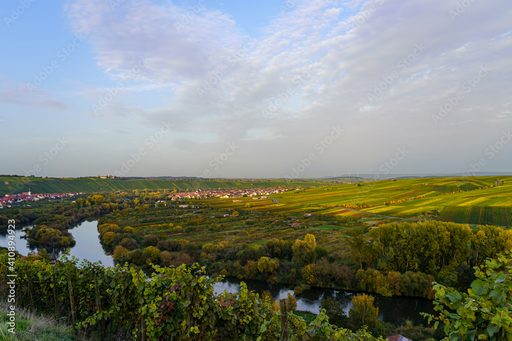 Blick von den Weinbergen bei Köhler auf die Volkacher Mainschleife und den Weinorten Escherndorf und Nordheim am Main an der Weininsel, Unterfanken, Bayern, Deutschland Blick von den Weinbergen bei Köhler auf die Volkacher Mainschleife und den Weinorten Escherndorf und Nordheim am Main an der Weininsel, Unterfanken, Bayern, Deutschland