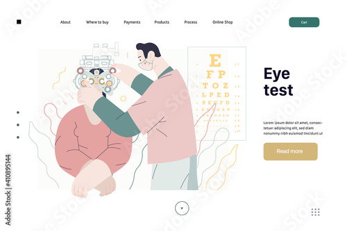Medical tests template - c -modern flat vector concept digital illustration of eye test procedure -a female patient and a doctors with phoropter, ophthalmologic office