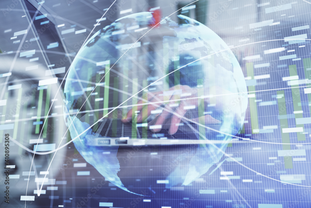 Double exposure of woman hands typing on computer and business theme hologram drawing. Success concept. Double exposure of woman hands typing on computer and business theme hologram drawing. Success concept.