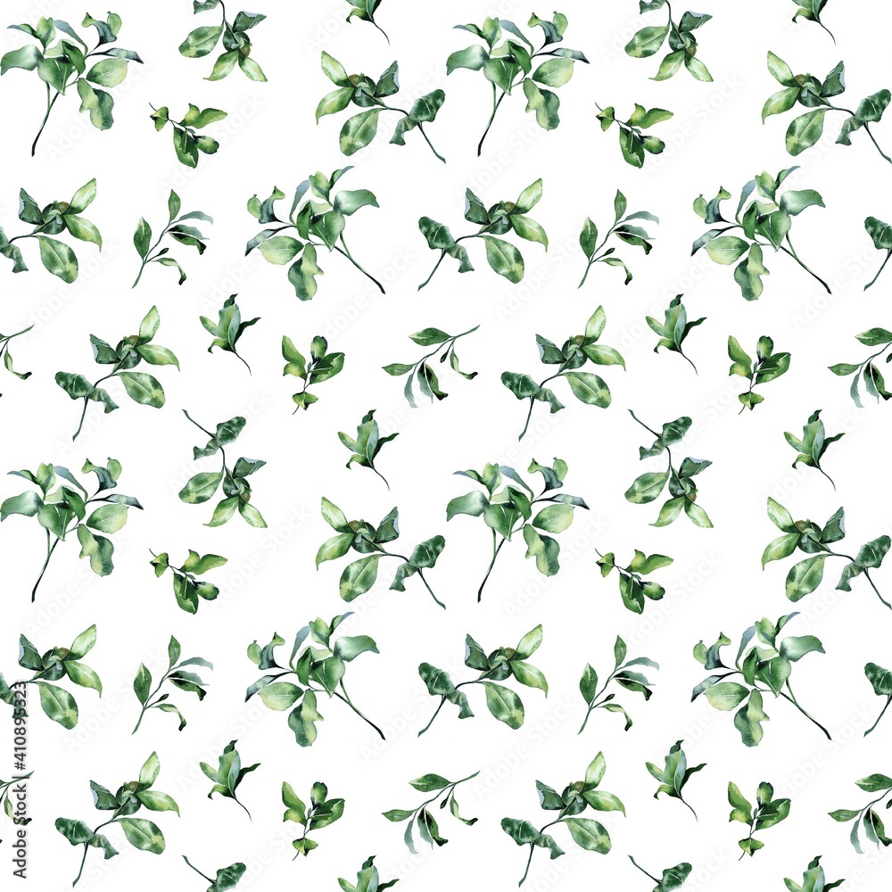 Watercolor illustration.  Seamless pattern.  Green leaves, branches on a white background.  Design for cards, paper, weddings, invitations, scrapbooking, textiles, invitations, wrapping paper.