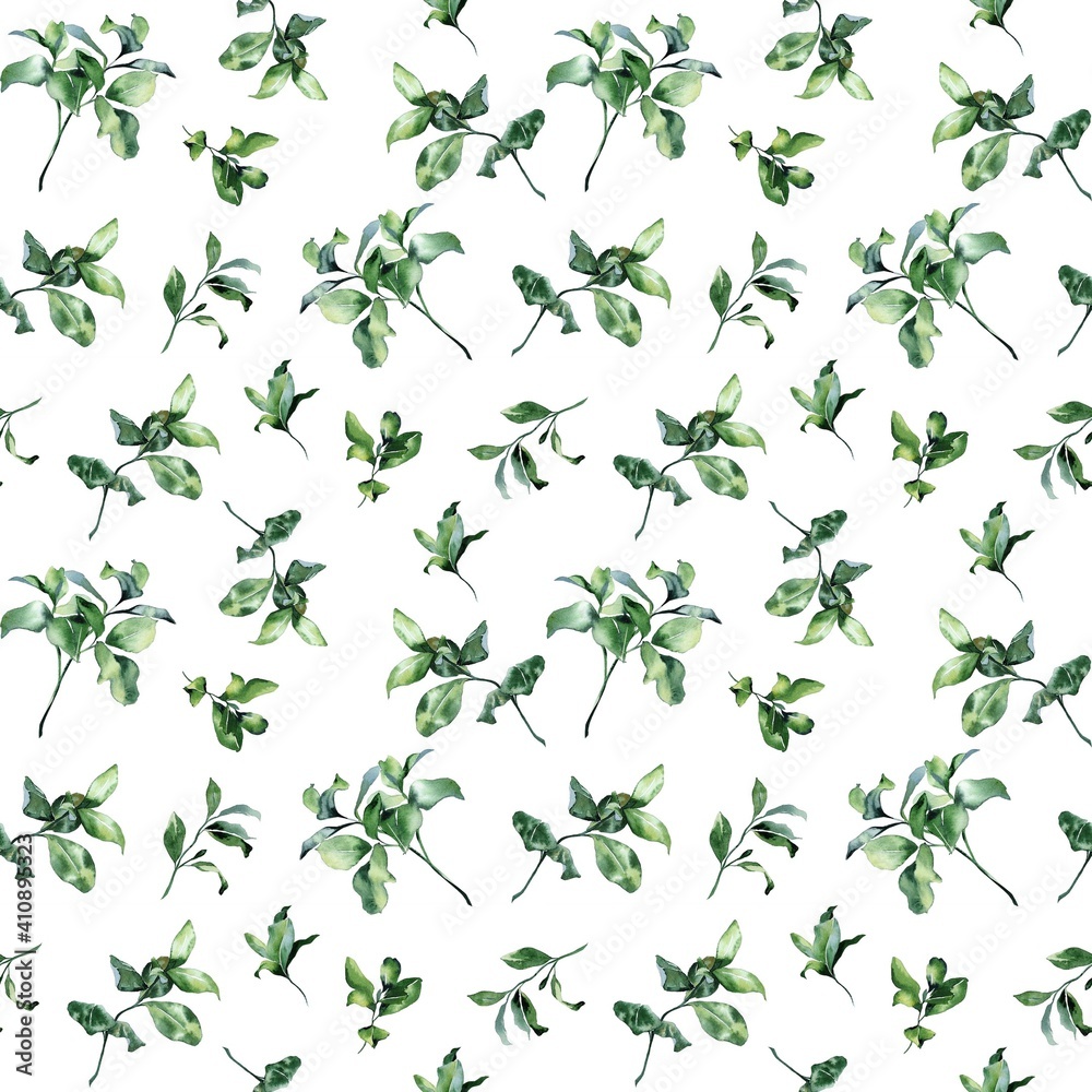Watercolor illustration. Seamless pattern. Green leaves, branches on a white background. Design for cards, paper, weddings, invitations, scrapbooking, textiles, invitations, wrapping paper. Watercolor illustration. Seamless pattern. Green leaves, branches on a white background. Design for cards, paper, weddings, invitations, scrapbooking, textiles, invitations, wrapping paper.