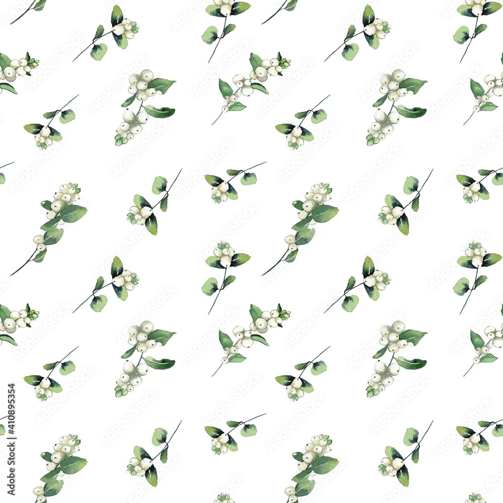 Watercolor illustration.  Seamless pattern.  Green leaves, branches and snowberry an white background.  Design for cards, weddings, invitations, scrapbooking, textiles, invitations, wrapping paper.