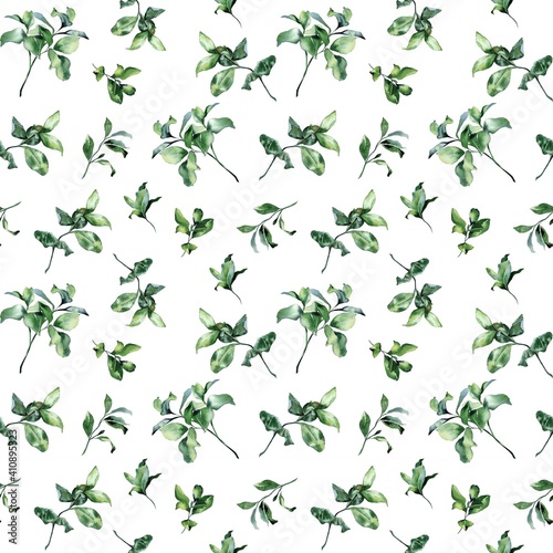 Watercolor illustration. Seamless pattern. Green leaves, branches on a white background. Design for cards, paper, weddings, invitations, scrapbooking, textiles, invitations, wrapping paper.