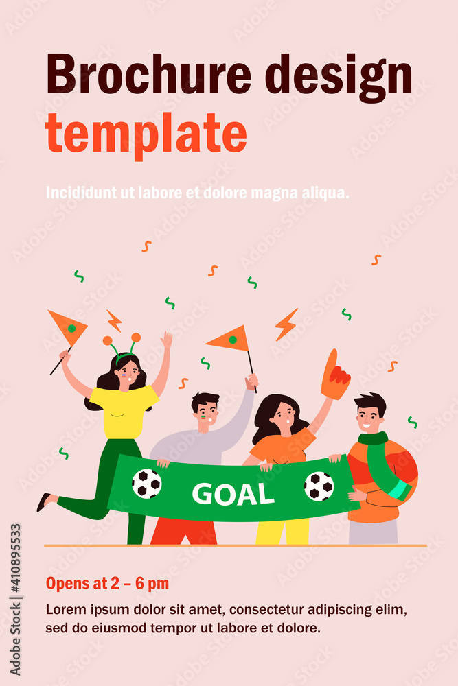 Fototapeta premium Active soccer fans holding banner isolated flat vector illustration. Cartoon group of characters cheering sport team and screaming during match. Entertainment and celebration concept