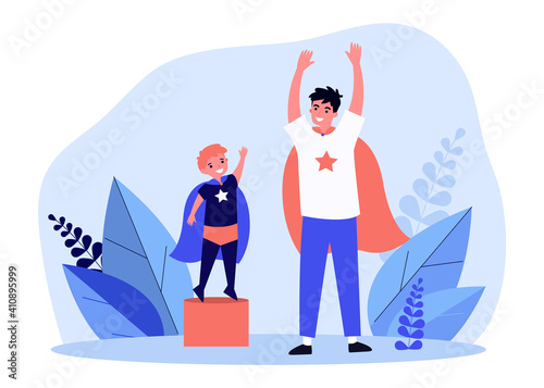 Happy dad and son wearing as superheroes. Cape, power, game flat vector illustration. Imagination and family concept for banner, website design or landing web page