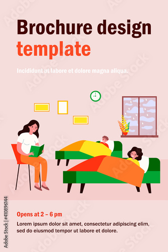 Mom reading bedtime story to kids. Fairytale, book, happy children lying in bed flat vector illustration. Motherhood and literature concept for banner, website design or landing web page