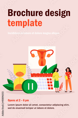 Woman consulting female doctor about menopause and estrogen level. Tiny characters with calendar, hourglass and pause sign. Vector illustration for gynecology, reproductive health problems concept