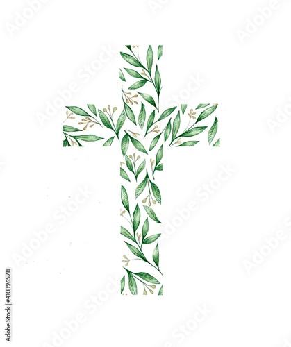 Watercolor illustration.  Christian cross made of green leaves.  Design for Easter, baptism, christening, cards, paper, invitations, scrapbooking, textiles, wrapping 