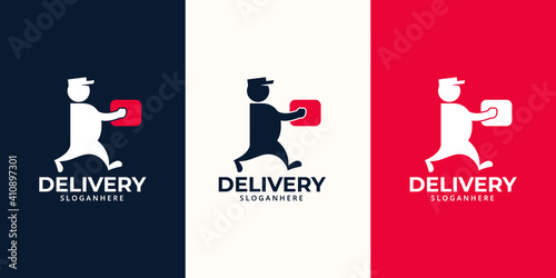 Delivery  Logo designs Template. Illustration vector graphic of  delivery man courier holding  box  logo design concept. Perfect for business logotype,Delivery service, Delivery express logo design.  