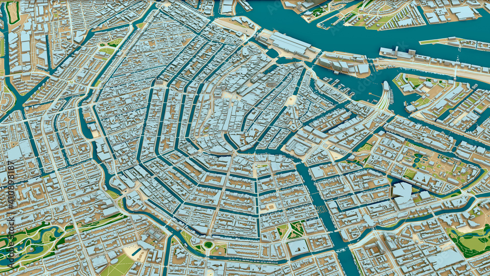 Obraz premium Amsterdam city centre, 3D aerial view