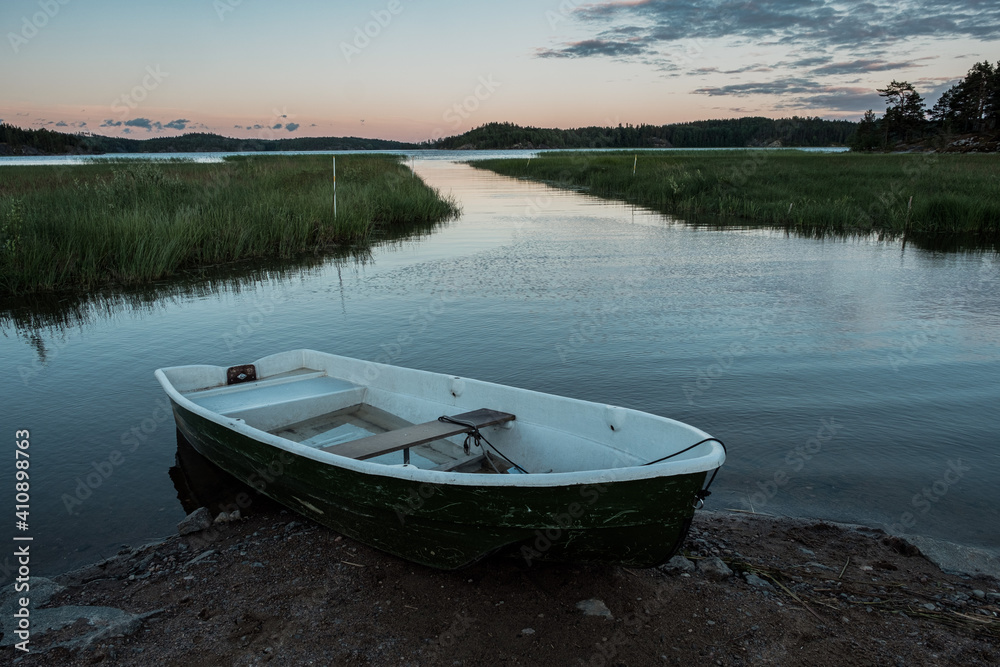 Moored boat on the shores of Lake Ladoga