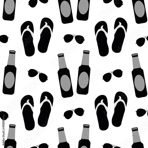 Beach party vector seamless pattern background. Black and white backdrop with men flip flops, aviator sun glasses and beer bottles. Monochrome cool hipster repeat. Masculine all over print for leisure